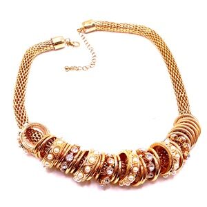 Gold Tone Mesh Collar Necklace With Crystal And Faux Pearl Accents 17” & 3” Ext.
